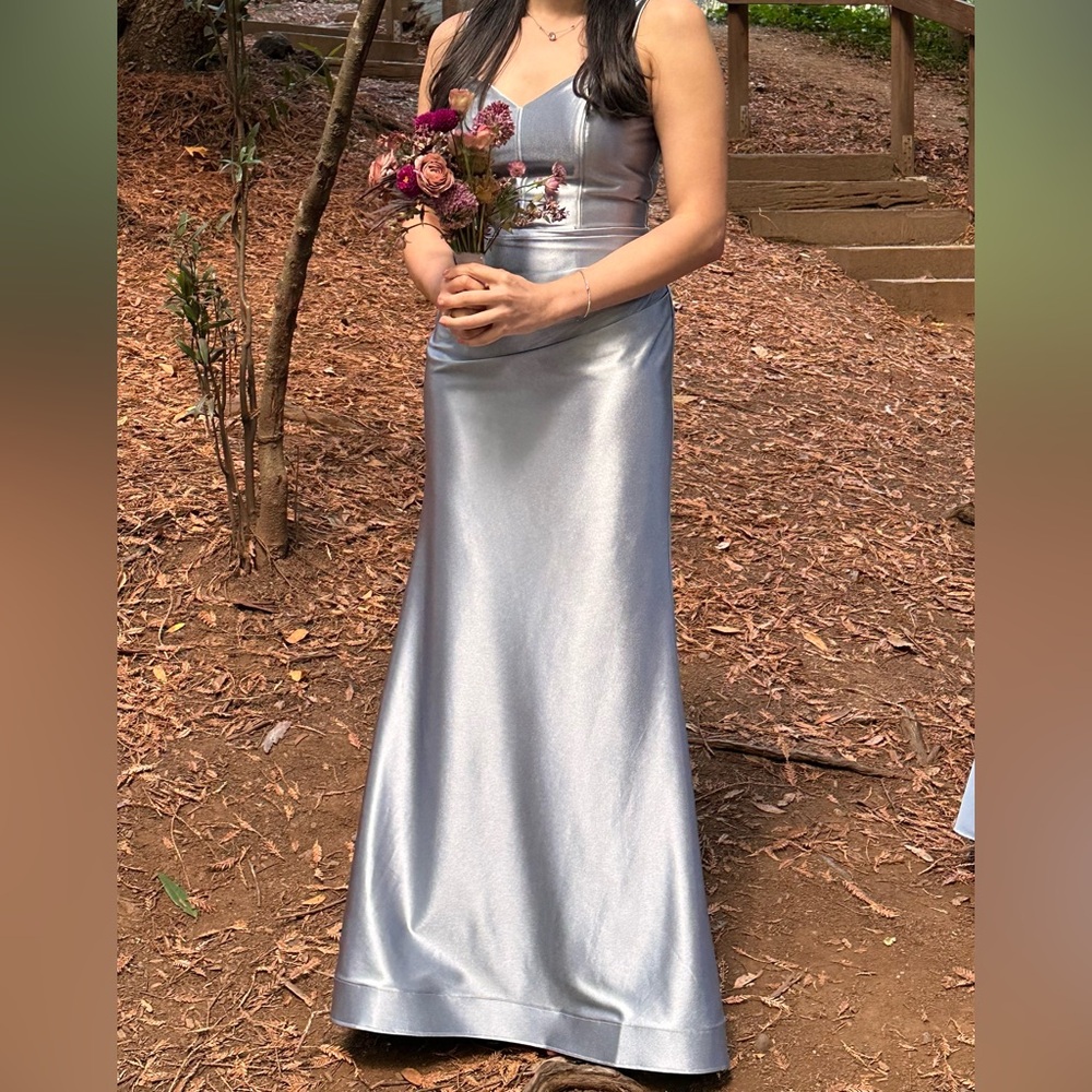 David’s Bridal Galina Signature Dusty Blue Sculpting Satin Tank Dress Size 8 - Picture 11 of 16